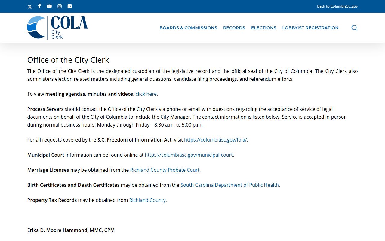 Columbia City Clerk office website