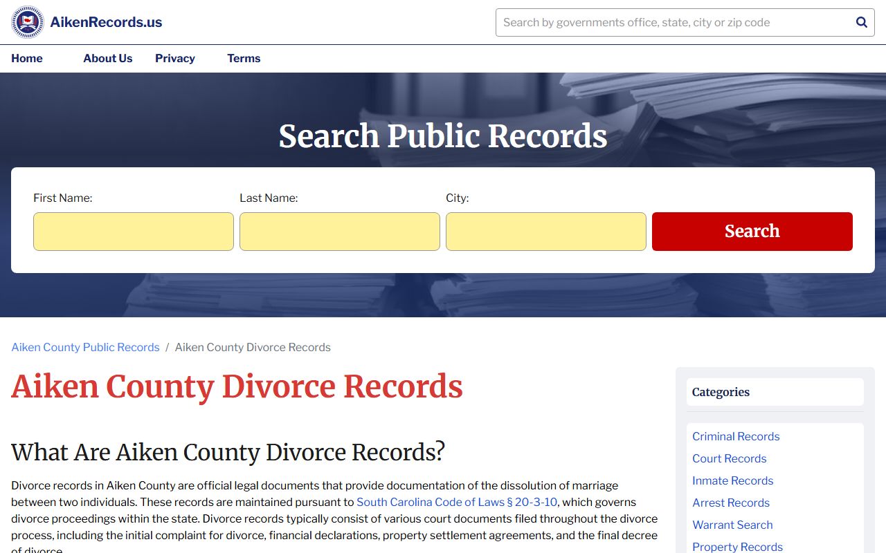 Aiken County divorce records maintained pursuant to SC Code 20-3-10