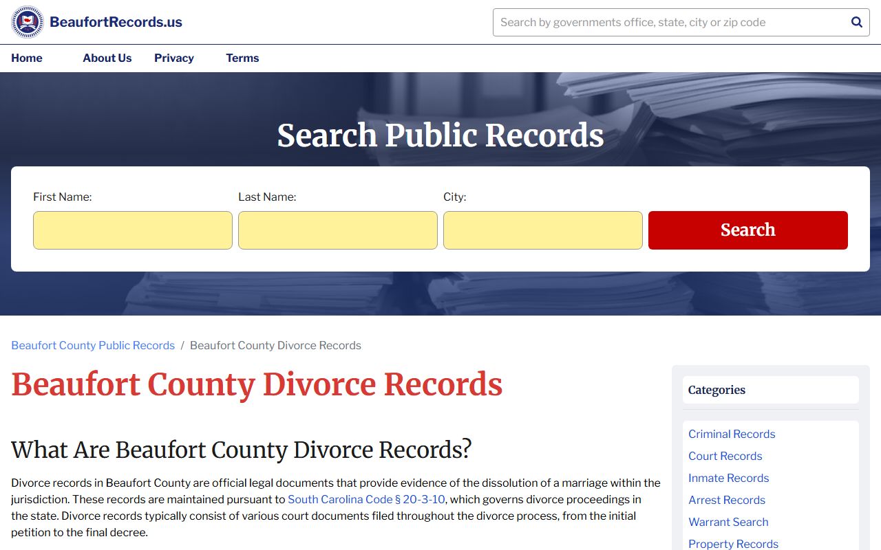 Beaufort County divorce records resource page for decree and dissolution filings