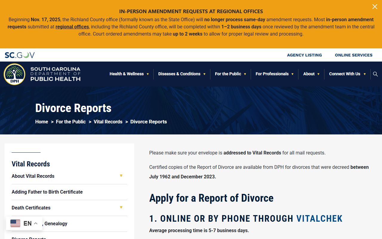 SC DHEC Division of Vital Records divorce record ordering page