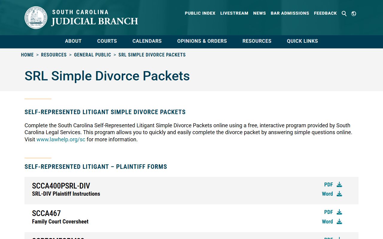 South Carolina Courts page showing divorce forms available
